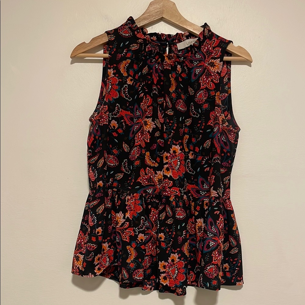 LOFT Size Small Floral Navy and Red Ruffled Sleeveless Peplum Blouse - Picture 2 of 6